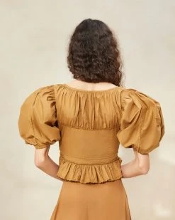 Loeffler Randall Anna Cigar Puff-Sleeve Peplum Top -Outlet Velin Studio Store ANNA CIGAR 073copy2