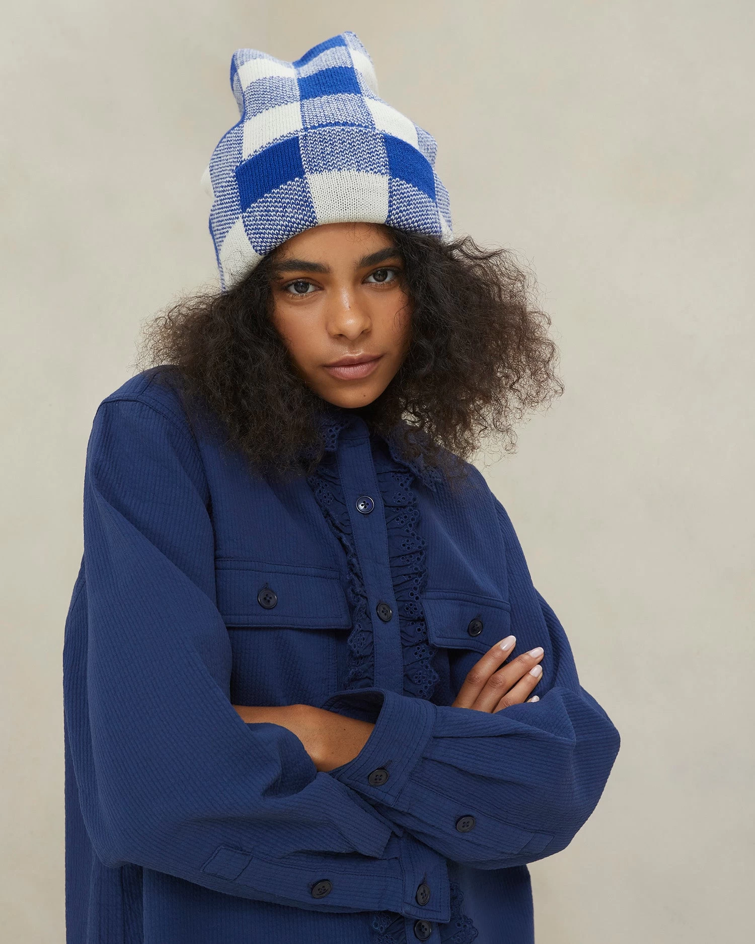 Loeffler Randall Bartlet Blue Checker Knit Beanie 3 Loeffler Randall Bartlet Blue Checker Knit Beanie - Image 3