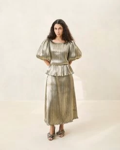 Loeffler Randall Dorit Gold Puff-Sleeve Pleated Dress