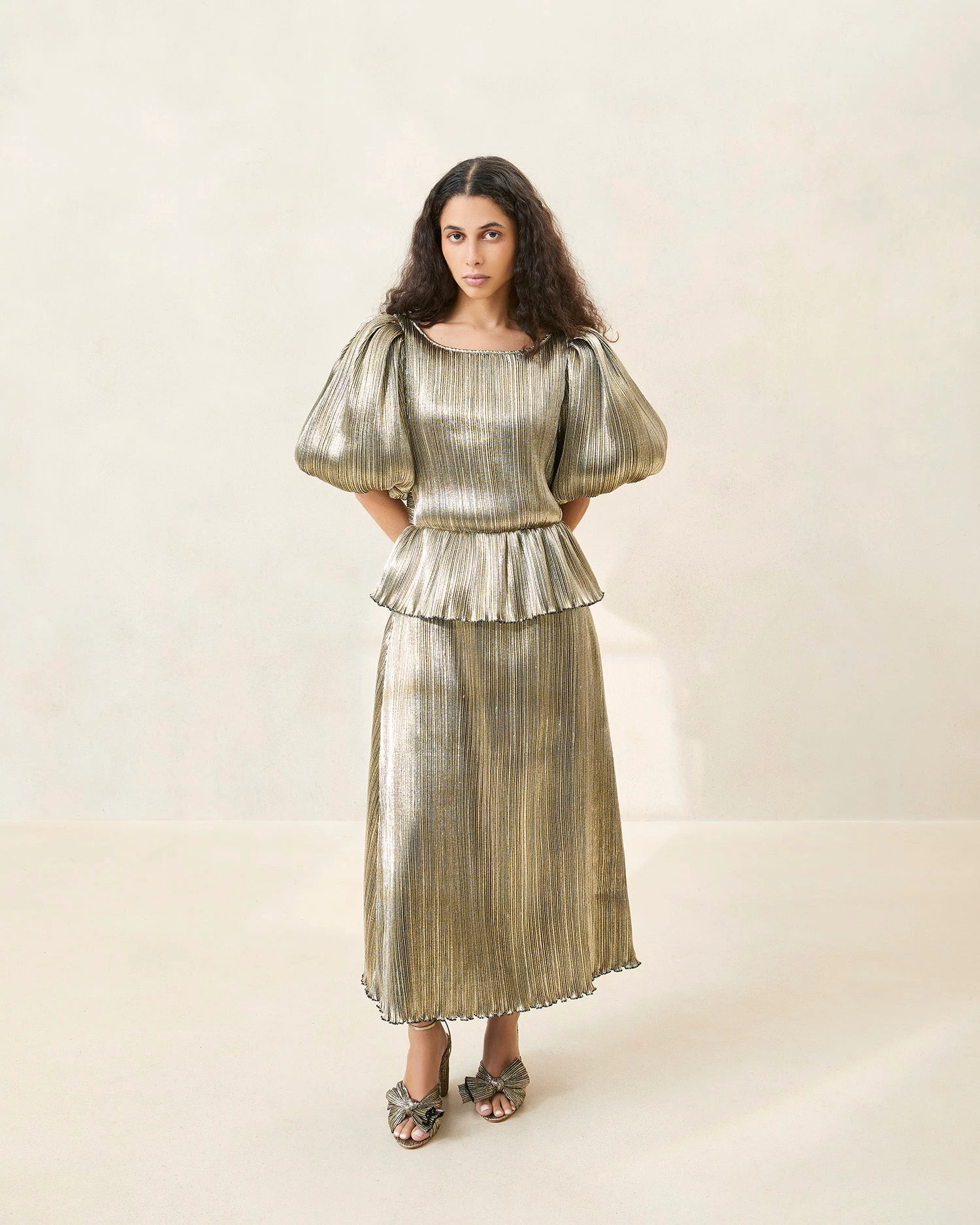 Loeffler Randall Dorit Gold Puff-Sleeve Pleated Dress 1 Loeffler Randall Dorit Gold Puff-Sleeve Pleated Dress