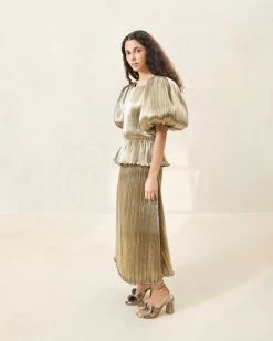 Loeffler Randall Dorit Gold Puff-Sleeve Pleated Dress 9 Loeffler Randall Dorit Gold Puff-Sleeve Pleated Dress -Outlet Velin Studio Store DORIT PLFM CHAMP 028copy