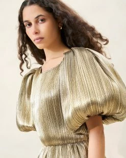 Loeffler Randall Dorit Gold Puff-Sleeve Pleated Dress 7 Loeffler Randall Dorit Gold Puff-Sleeve Pleated Dress -Outlet Velin Studio Store DORIT PLFM CHAMP 082copy