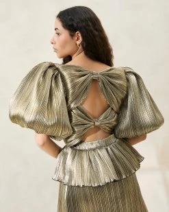 Loeffler Randall Dorit Gold Puff-Sleeve Pleated Dress 8 Loeffler Randall Dorit Gold Puff-Sleeve Pleated Dress -Outlet Velin Studio Store DORIT PLFM CHAMP 106copy