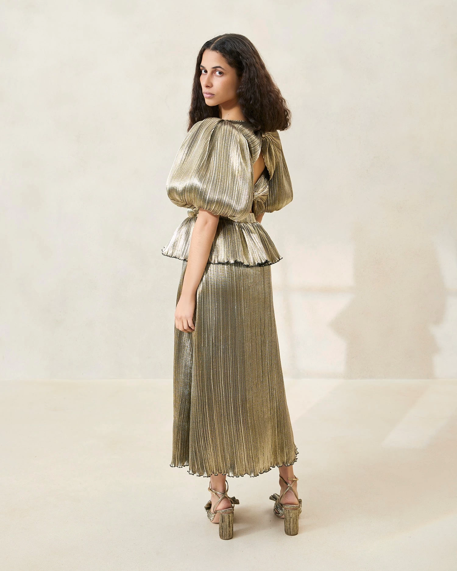 Loeffler Randall Dorit Gold Puff-Sleeve Pleated Dress 2 Loeffler Randall Dorit Gold Puff-Sleeve Pleated Dress - Image 2