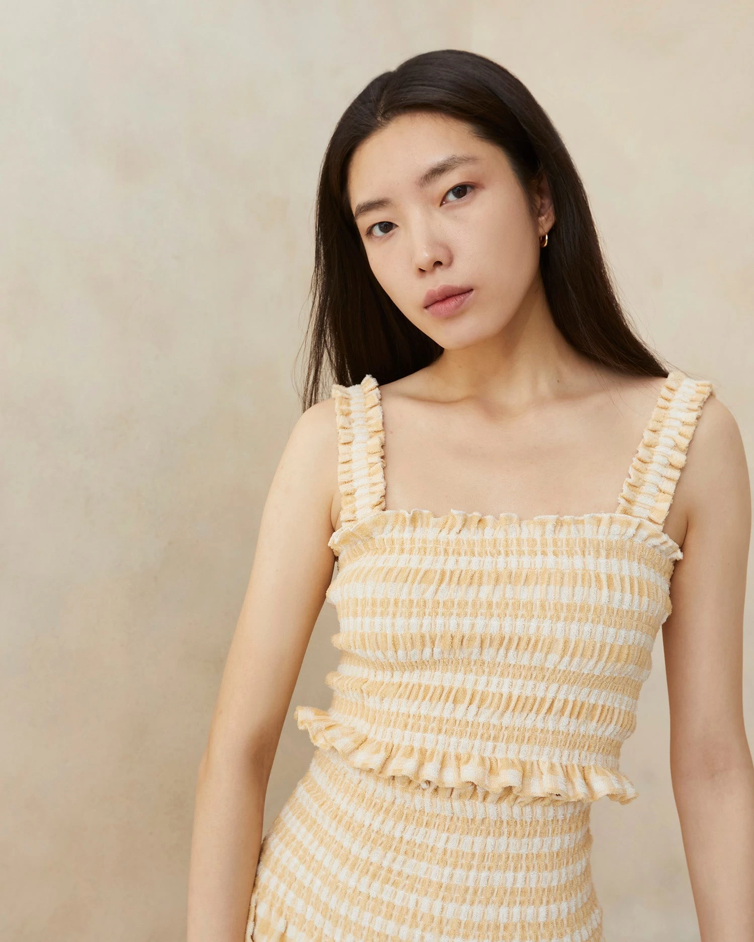 Loeffler Randall Fiona Tan Gingham Smocked Camisole 1 Loeffler Randall Fiona Tan Gingham Smocked Camisole