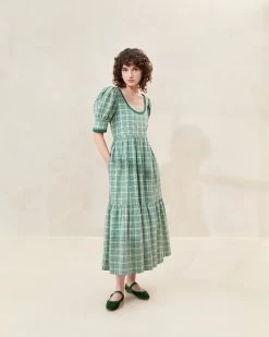 Loeffler Randall Gillian Plaid Puff-Sleeve Tiered Dress