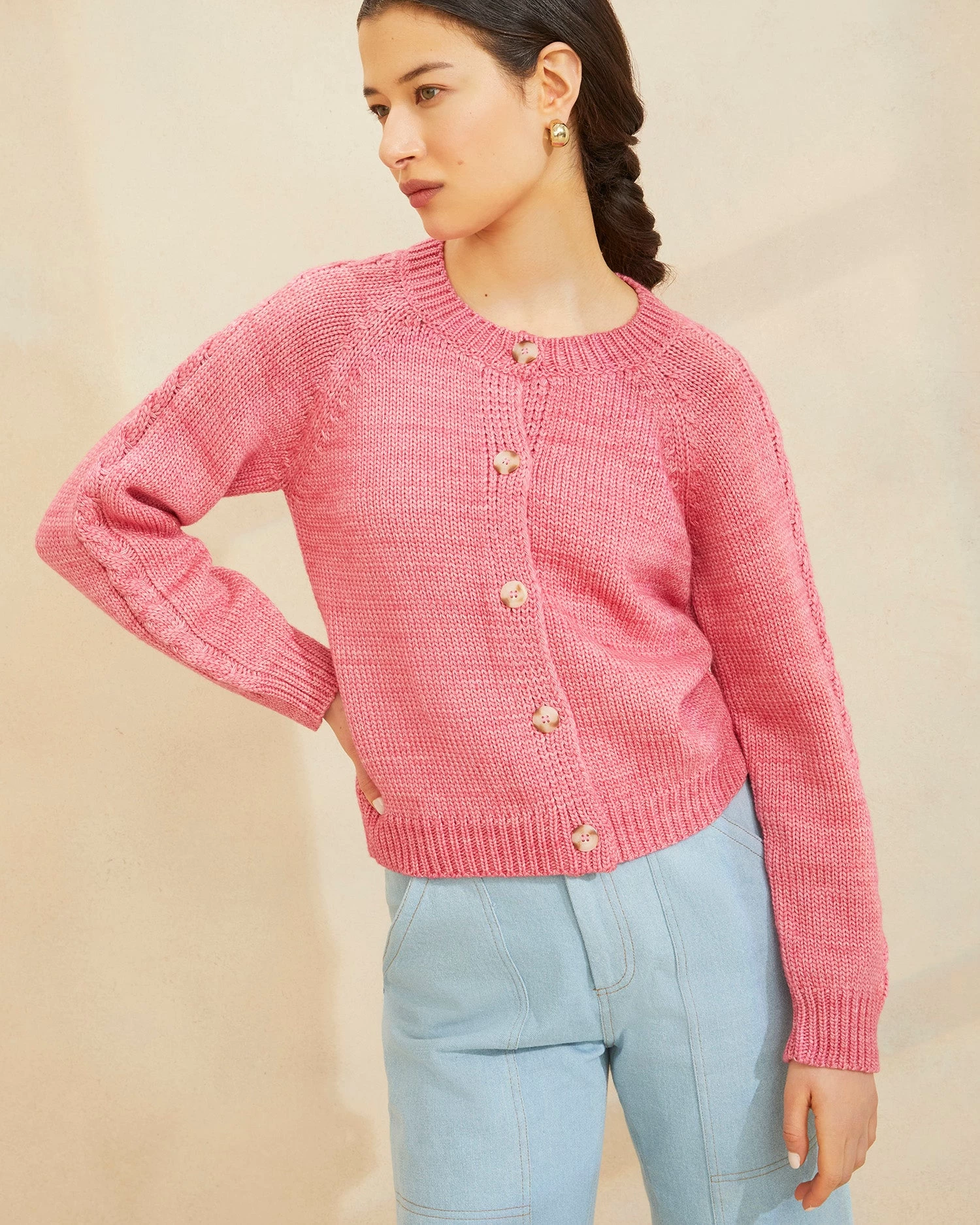 Loeffler Randall Lindy Pink Cable Sleeve Cardigan 1 Loeffler Randall Lindy Pink Cable Sleeve Cardigan
