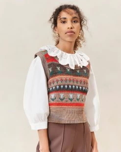 Loeffler Randall Heather Brown Floral Intarsia Vest