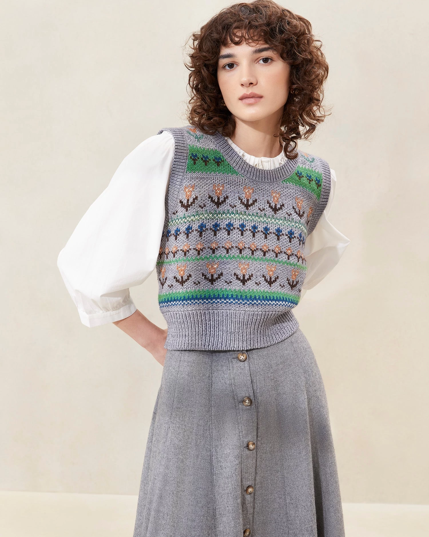 Loeffler Randall Heather Grey Floral Intarsia Vest 1 Loeffler Randall Heather Grey Floral Intarsia Vest