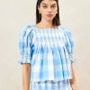 Loeffler Randall Lydie Blue Gingham Smocked Top