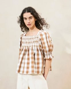 Loeffler Randall Lydie Brown Gingham Smocked Top