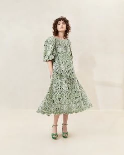 Loeffler Randall Mimi Green Oversized Puff-Sleeve Dress