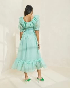 Loeffler Randall Shannon Seafoam Ruffled Puff-Sleeve Dress -Outlet Velin Studio Store SHANNON SEAFM 3284