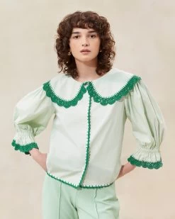 Loeffler Randall Tamar Mint/Pine Crochet-Collar Blouse