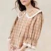 Loeffler Randall Tamar Tan/Plaid Crochet-Collar Blouse