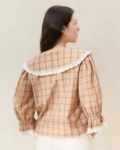Loeffler Randall Tamar Tan/Plaid Crochet-Collar Blouse -Outlet Velin Studio Store TAMAR TA TCRPD 2